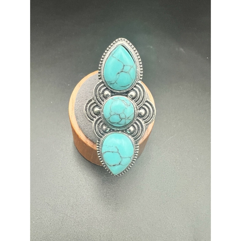Vtg Southwestern Styleā Large Faux Turquoise 3 Cabochons Statement Ring 7-3/4